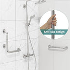 L-Shaped Angled Shower Grab Bar w/Straight Bathroom Safety Handrail 16 Inch, iHansee Brushed Nickel Knurled Handicap Grab Bar Wall Mounted, Anti Slip Toilet Bathtub Balance Support Bar for Elderly