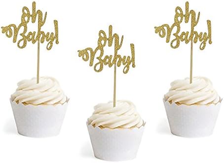 24 Gold Glitter Oh Baby Cake Cupcake Toppers Picks for Wedding Birthday Baby Shower Party Decorations
