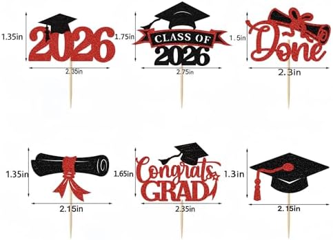 2026 Graduation Cupcake Toppers, 36 pack Red Glitter Class of 2026 Congrats Grad Diploma Graduation Cap Cupcake Picks for 2026 Graduation Party decorating Supplies