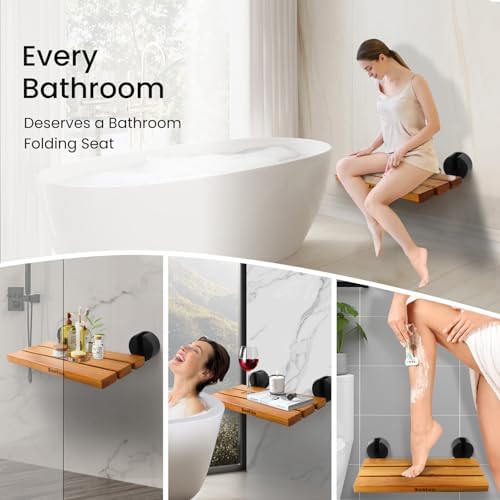 20 Inchs Teak Folding Shower Seat Wall Mounted, Folding Shower Seat with 400 Lb. Weight Capacity (Black Cover)