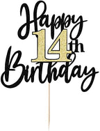 Black Gold Glitter Happy 14th Birthday Cake Topper,Happy 14 Birthday Cake Decoration for 14 & Fabulous Birthday,Hello 14 Party Anniversary Party Cake Decorations Supplies