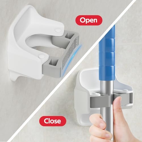 reliahom 3 Pack Broom Holder Wall Mount Mop Grippers No Drilling Self Adhesive Anti-Slip Mop Handle Hanger Dustpan and Broom Organizer Garage Storage Racks-White