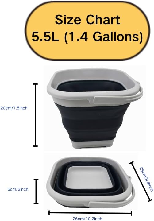 SAMMART 5.5L (1.4 Gallon) Collapsible Square Handy Bucket/Foldable SquareWater Pail/Portable Tub with Handle. (Grey/Slate Grey, 1)