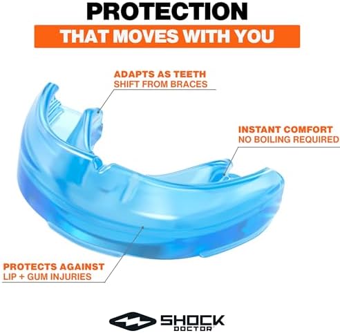 Shock Doctor Mouth Guard for Braces, Upper Teeth Protection, Instant Fit, Adult & Youth Sizes,Blue