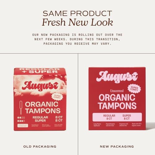 August Super + Regular Tampons - 96-Pack (6 Packs of 16) 100% Organic Cotton Tampons for Women and Anyone Who Menstruates, Non-Toxic, Fragrance-Free, and Hypoallergenic with Long Applicators