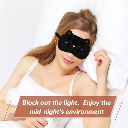Cute Cat Sleeping Mask Eye Mask Funny Animal Kitten Sleep Mask Soft Plush Blindfold Travel Eye Cover Eyeshade for Kids Adults Girls Boys Women Men (Cat, Black)