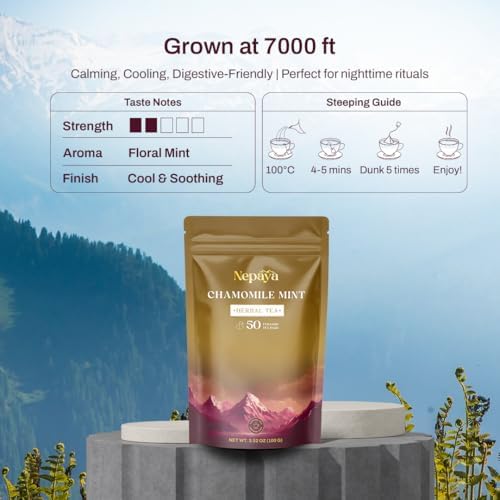 Chamomile Mint Herbal Tea Bags, Relaxing Bedtime Blend with Lemongrass, Peppermint, 50 Biodegradable Pyramid Tea Bags, Fennel & Peppermint, Caffeine-Free, Hot or Ice Tea, 50 Biodegradable Tea Bag