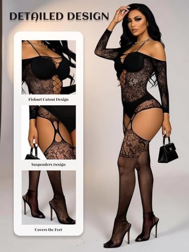 Buitifo Womens Fishnet Bodystocking Plus Size Crotchless Bodysuit Sexy Tights Soft Nightwear Lingerie