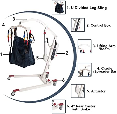 Patient Lift Electric Unfoldable Hydraulic Body Transfer for Home Use Seniors Easy-Assembly, Battery-Powered, 400lb Weight Capacity with Medium U-Sling, White, 1 Count (Pack of 1)
