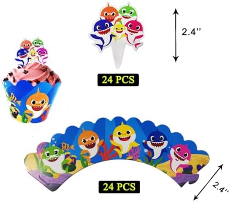 49Pcs Blue Shark Cupcake Decorations- 1 Happy Birthday Shark Cake Topper, 24pcs Shark Cupcake Toppers and 24pcs Cupcake Themed Cake Party Decoration for Birthday Party Supplies.