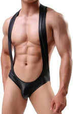 Men's Suspender Wrestling Singlet Jockstraps One-Piece Jumpsuit Faux Leather Leotard Bodysuit