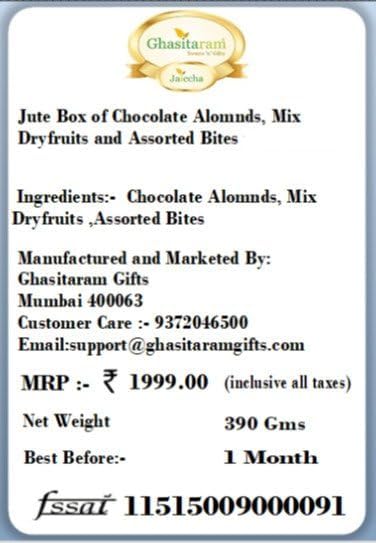 Ghasitaram Gifts Rakhi Gifts for Brothers Jute Box of Chocolate Alomnds, Mix Dryfruits and Assorted Bites with 2 Pearl Rakhis