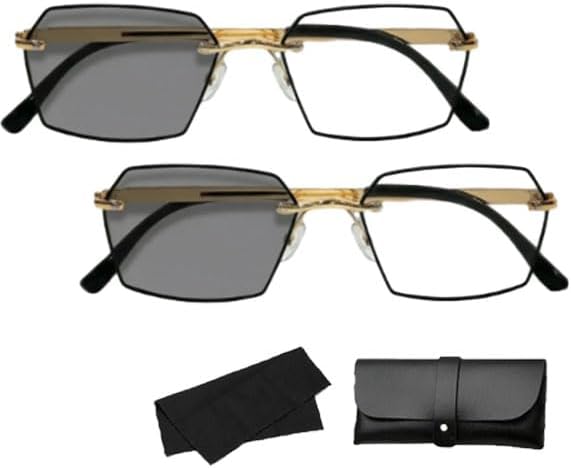 Black Auto Adjusting Reading Glasses, Rimless Photochromic Presbyopia for Men HD Clarity, Anti Blue Light Dual Use