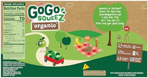 GoGo squeeZ No Sugar Added Organic Applesauce and Fruit Puree, Apple Apple, 3.2 oz Pouches (Pack of 12), Fruit Snacks for Kids, Gluten Free, Nut Free, Recloseable Cap, BPA Free