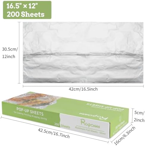 Aluminum Foil - 200 Precut Sheets, 16.5 x 12 Inch, Pop-Up Interfolded, Ideal for Roasting, Baking, Grilling, Cooking, Storing Food