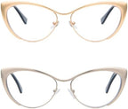 Cat Eye Reading Glasses - 2 Pairs Metal Frame Glasses Spring Hinge Readers with Leather Pouch for Men and Women