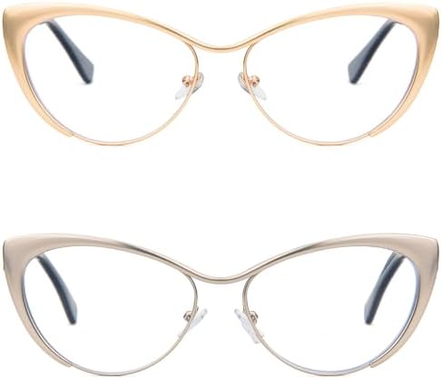 KoKoBin Cat Eye Reading Glasses - 2 Pairs Metal Frame Glasses Spring Hinge Readers with Leather Pouch for Men and Women