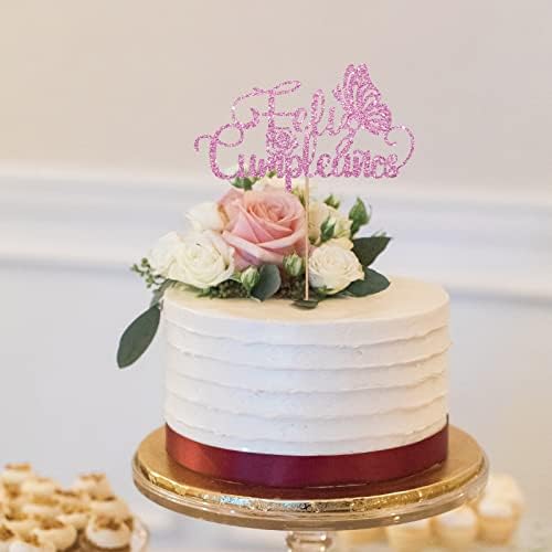 Pink Spanish Feliz Cumpleaños Cake Topper for Birthday Party Decor, Butterfly Happy Birthday Cake Topper, Glitter Spanish Birthday Party Decoration Supplies