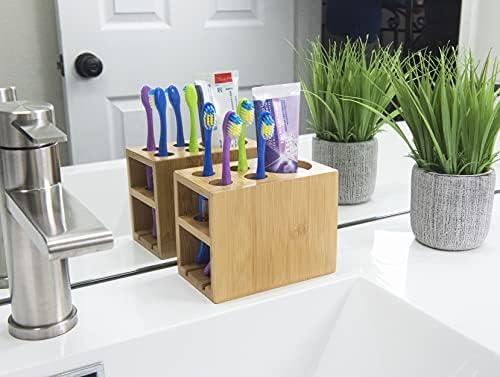 Bamboo Naturals Toothbrush Holder, Stores 4 Toothbrushes and 1 Toothpaste, Made of 100% Sustainable Bamboo, Stylish Bathroom Organizer Accessory, Easy to Clean and Odor Resistant