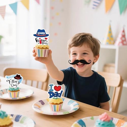 48 Pcs Edible Happy Fathers Day Cupcake Toppers Picks Happy Father's Day Theme Men Birthday Party Cake Decorations Supplies