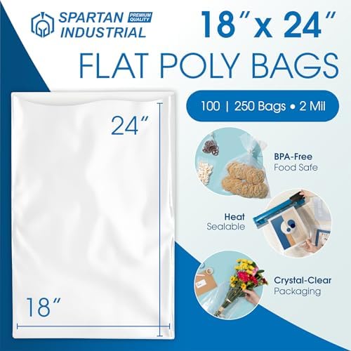18" X 24" Open-End Flat Poly Bags (100 Count) - 2 Mil Plastic Clear Bags for Packaging, Shipping, Storage - No Adhesive Strip - Spartan Industrial