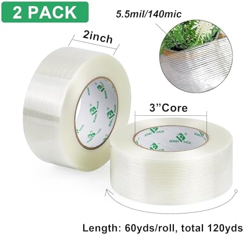 BOMEI PACK Filament Strapping Tape, 5.5 Mil 2 Inch x 60 Yards, Heavy Duty Reinforced Fiberglass Packing Tape, 2 Pack