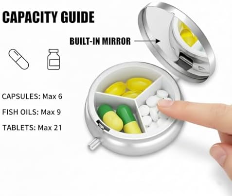 Cute Cat Pill Box 3 Compartment Small Pill Case,Portable for Pocket or Purse Pill Organizer Pill Container Holder with Mirror to Hold Vitamins, Medication, Fish Oil and Supplements