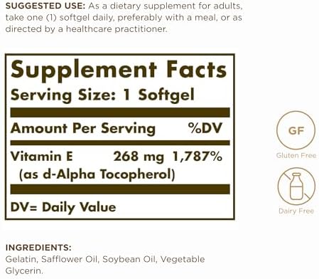 Solgar Vitamin E 268 mg (400 IU) - 100 Softgels - Naturally-Sourced Vitamin E as d-Alpha Tocopherol - Gluten Free, Dairy Free - 100 Servings