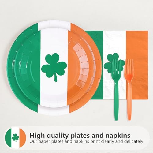 96Pcs St Patrick's Day Party Supplies Irish Flag Plates and Napkins Irish Theme Tableware Set for Ireland Country Decoration Birthday St. Patrick's Day Party Decorations Serves 24