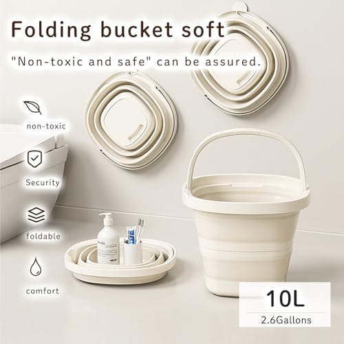 Collapsible Utility Bucket with Handle, 10L Sizes, Multi-Purpose for Foot Bath, Cleaning, Storage, Beige (Beige)