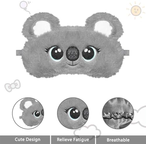 Cartoon Sleep Mask, Kids Cute Plush Eye Mask, Koala Animal Soft Fluffy Plush Eye Cover for Sleeping, for Night,Travel,Nap (Gray Koala)