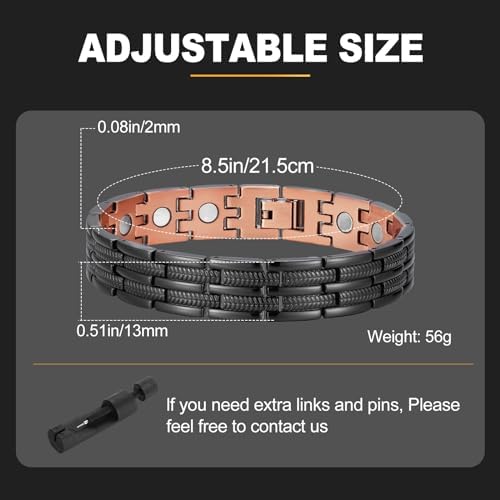BioMag Copper Bracelet for Men 99.9% Pure Copper Magnetic Bracelet with Powerful Neodymium Magnets Adjustable Box Gift（Sizing Tool）