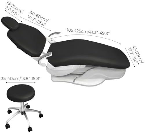 4Pcs/Set Protective Dental Chair Covers PU Leather Waterproof Elastic Seat Cover Headrest Backrest Round Cushion Protection Reusable Washable Wipeable Dentist Office Equipment Upholstery Case (Black)