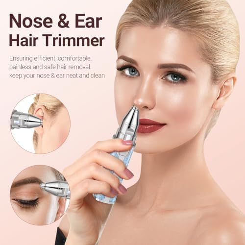 Facial Hair Removal for Women: 2-in-1 Rechargeable Nose Hair & Eyebrow Trimmer, Face Shaver with Built-in LED Light for Removing Chin, Upper and Lower Lip Area Peach Fuzz