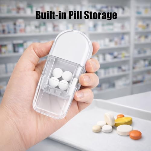 Pill Cutter and Crusher, Tablet Splitter for Small and Tiny Pills, Professional Medicine Cutter for Large Tablets, 1/4 Dose Divider,Portable Divider for Travel Use– Transparent White