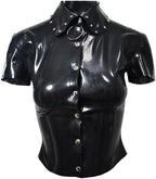 Gothic Latex Short Sleeve Shirt, Black, Metal Ring Collar