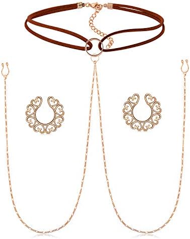 QWALIT Nipple Ring Stainless Steel Non Piercing Nipple Rings Nipplerings with Choker Chain Faux Body Piercing Jewelry for Women