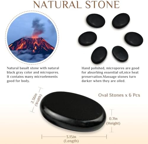 Hot Stones Massage Set - 6 Large Oval Basalt Hot Stones Massage Kit, 2.36 * 3.15 Inch Hot Rocks Massage Stones for Professional or Home SPA, Relaxing, Healing, Pain Relief
