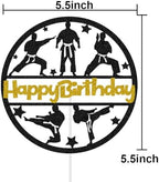 Karate Happy Birthday Cake Topper for Boys Girls Taekwondo Cake Decorations Kung Fu Karate Themed Party Decor Ninja Cake Pick (Gold & Black Glitter)