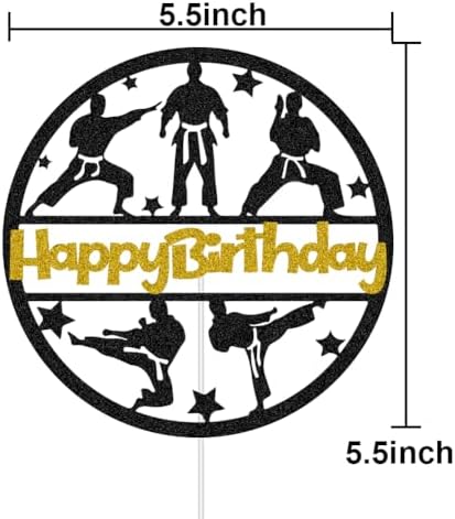 Karate Happy Birthday Cake Topper for Boys Girls Taekwondo Cake Decorations Kung Fu Karate Themed Party Decor Ninja Cake Pick (Gold & Black Glitter)