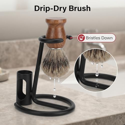Razor Holder Stand for Shaving Brush and Double Edge Razor, Black Metal Countertop Organizer with Brush Ring and Razor Cup, Drip-Dry Storage, 1 Pack