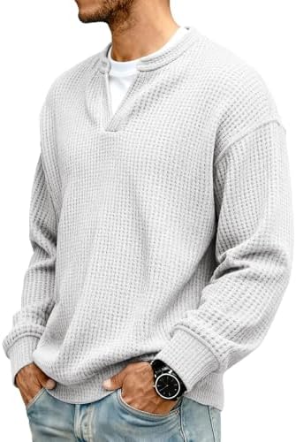 Men Waffle Sweatshirt Casual Long Sleeve Polo Shirts Loose Lightweight Pullover Tops Sweaters Fashion Fall Clothes