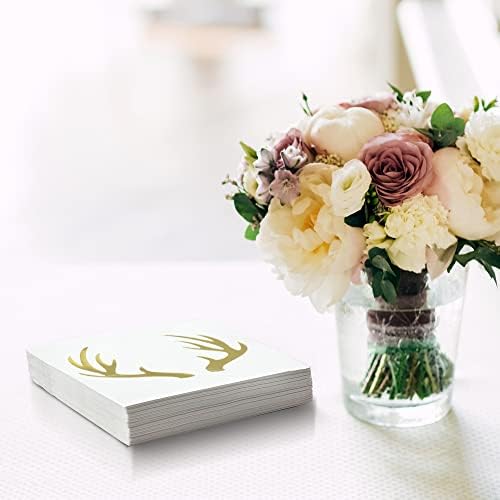 Antlers Cocktail Napkins - Gold Rustic Deer Design 3-Ply Disposable Napkins for Weddings, Engagement Parties, Bridal Showers, Receptions, Birthdays & Anniversaries