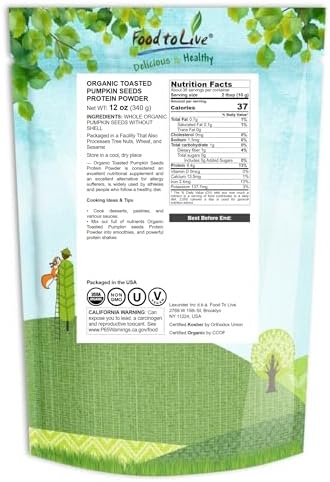 Food to Live Organic Toasted Pumpkin Seeds Protein Powder, 12 Ounces – 60% Protein, Non-GMO, Pure, Plant Based,Vegan, Kosher, Bulk, Great for Baking, Drinks and Smoothies