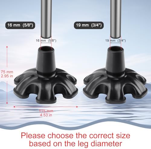 supregear Cane Tip - Self Standing Heavy Duty Rubber Replacement for Walking Cane - Stable Six Point Non-Slip Feets Base - 6 Leg Black Attachment Foot Pad for Folding and Walking Stick