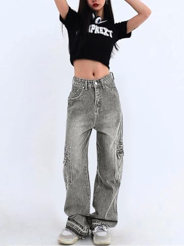 EMMIOL Cargo Pants Women Stretchy Wide Leg Baggy Jeans with Pockets Casual Trousers Y2K Vintage Streetwear Trendy 2026
