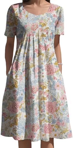 Women Boho Floral Midi Dress Short Sleeve Round Neck Flower Pattern Summer Holiday Sundress Relaxed Fit