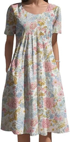 Women Boho Floral Midi Dress Short Sleeve Round Neck Flower Pattern Summer Holiday Sundress Relaxed Fit