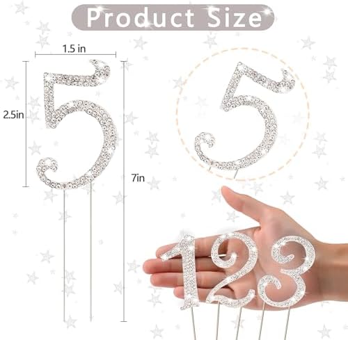 BEIDHIA Number Cake Topper 0-9,Silver Bling Rhinestone Happy Birthday Cake Topper for 5th 16th 18th 21st 30th 40th 60th 70th Birthday Party Anniversary Wedding Cake Decorations