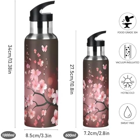 ALAZA Cherry Blossom Pattern Water Bottle with Straw Lid Vacuum Insulated Stainless Steel Thermo Flask Water Bottle 20oz